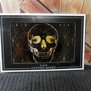 Graphic Skull and geometric shapes Black Glass Cutting board~12x8~NIP